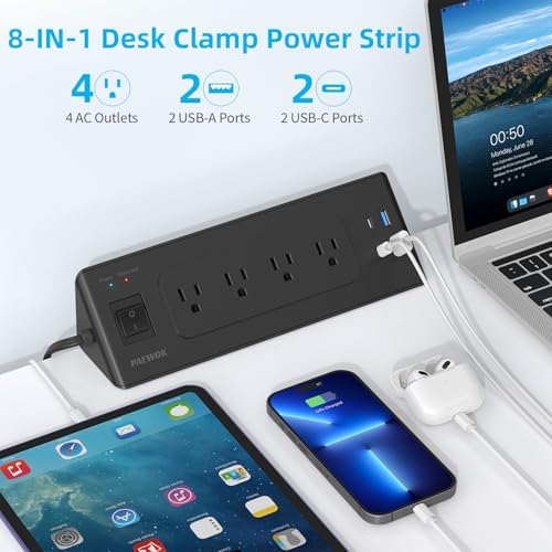 Maximize Your Workspace with Our Desk Clamp Power Strip Featuring USB C – 4 Outlets, 4 USB Ports, and 6.5 ft Flat Plug Extension Cord for Effortless Charging – Secure, Space-Saving Surge Protector for Tabletops Up to 2.2 Inches Thick, Sleek Black Finish Ideal for Home and Office Use, Enhanced Charging Speed and Device Compatibility
