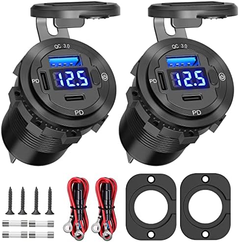 High-Speed Dual USB C Car Charger Socket 12 V Outlet – 2 Pack Aluminum Metal 78 W with 30 W PD & 18 W QC3.0 Ports, Waterproof LED Voltmeter & Power Switch for RVs, Motorcycles, and Marine Use – Ultimate Compatibility & Reliability for All Devices