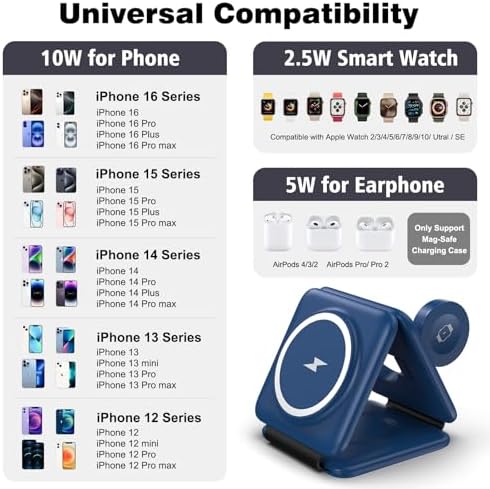 Ultimate 3-in-1 Foldable Magnetic Wireless Charging Station for Apple Devices – Travel-Friendly Dock for i Phone 16, 15, 14, 13, 12 Pro Max Plus, Apple Watch & Air Pods – Fast, Efficient, and Versatile Charging Solution