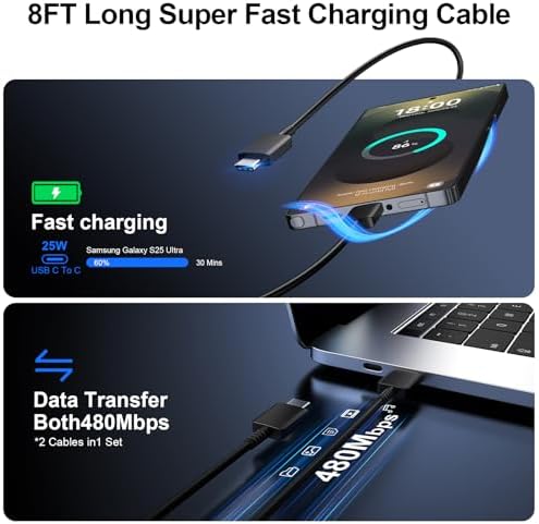 High-Speed 25 W Type C Wall Charger for Samsung Galaxy S25 Series – Includes Dual 10 FT USB-C Cables for Enhanced Flexibility and Safety – Lightning-Fast Charging with Compact Design for Travel Enthusiasts and Everyday Users
