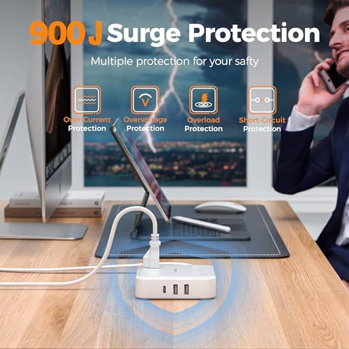 TESSAN Compact Flat Plug Surge Protector Power Strip with 4 AC Outlets and 3 Fast-Charging USB Ports – 5 ft Extension Cord for Office, Dorm, and Travel – 900 J Surge Protection for Enhanced Device Safety and Clutter-Free Organization