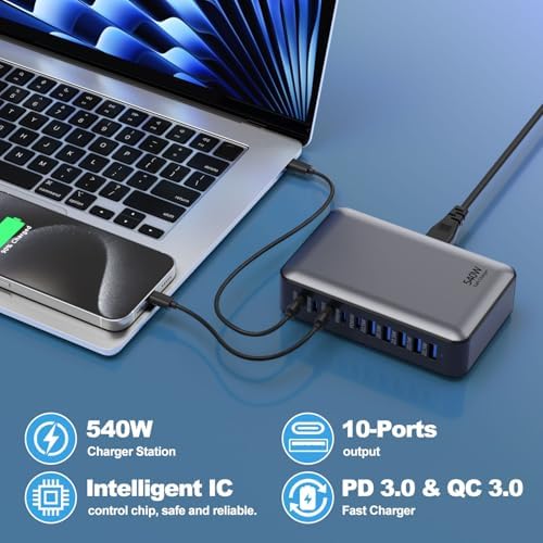Powerful 10-Port USB C Fast Charger Block – 540 W Ga N Charging Station for Laptop & Multi-Device Compatibility – PD 100 W Output for Rapid Charging of Mac Book, i Pad, i Phone, Samsung Galaxy & Dell – Compact and Efficient Charging Hub for Home and Office Use