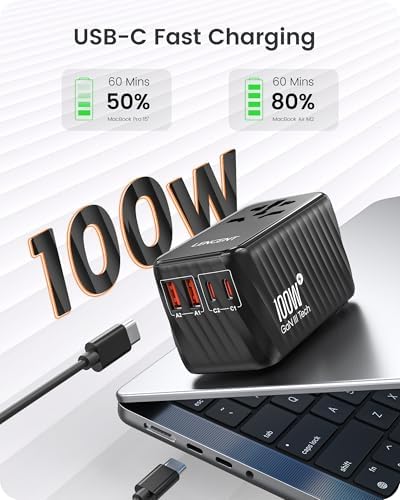 LENCENT 85 W Universal Travel Adapter with Retractable USB-C Cable – High-Speed International Plug Converter Featuring 3 Type-C & 1 USB-A Ports for Effortless Worldwide Charging – Your Ultimate Travel Essential for Maximum Compatibility, Fast Charging, and Ga N Technology Efficiency