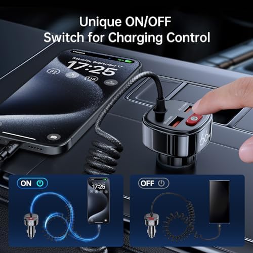 Unleash Rapid Power on the Road: Syncwire 66 W USB C Car Charger with Advanced Battery Leakage Prevention, Features 6 FT Coiled Type C Cable, Perfect for i Phone 16/15, Samsung Galaxy, Google Pixel, i Pad Pro – Fast Charging Adapter for All USB-C Devices