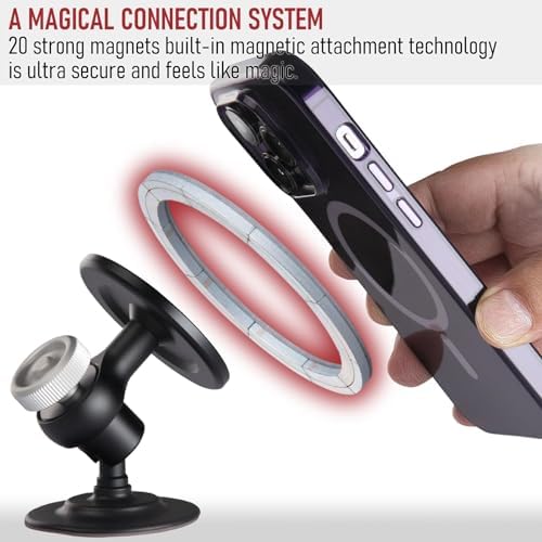 Aluminum Magnetic i Phone Mag Safe Dashboard Mount – Hands-Free 360° Rotation Car Holder for i Phone 12-15 Pro Max – Effortless Tool-Free Installation & Unyielding Stability – Optimize Your Driving Experience with a Sleek, Durable Design – Essential Mag Safe Accessory for Flawless Navigation & Communication