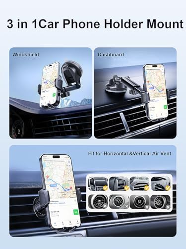 Ultimate 2025 3-in-1 Suction Cup Car Phone Holder – Designed for Unrivaled Stability and Versatility, Compatible with All Smartphones – Effortless Installation on Vent, Dashboard, or Windshield for a Seamless Hands-Free Driving Experience – 360-Degree Rotation for Optimal Viewing Angles – Perfect for i Phone, Samsung, and More – Elevate Your Daily Commute with Superior Durability and Innovative Technology