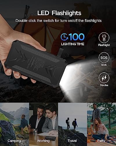 20000 m Ah Solar Power Bank: Ultimate Waterproof Portable Charger with Dual 3 A Fast Charging Outputs, 4 Efficient Solar Panels, and Built-in Flashlights for Outdoor Adventures, Camping, and On-the-Go Device Charging – Black Edition