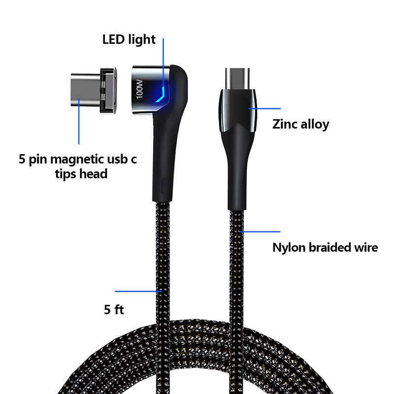 Revolutionary Magnetic Type C Charging Cable – 100 W Fast Charge (5 A, 5 ft) with 3 Versatile 5-Pin Connectors for Seamless Compatibility with Mac Book Pro 2020, i Pad Pro 2020, Pixel, Switch, LG & More – Durable & Tangle-Free Solution for Instant Power Delivery