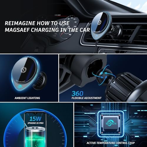 Revolutionary Mag Safe Wireless Car Charger Mount – 15 W Fast Charging with LED Indicator | Secure Magnetic Phone Holder for i Phone 16 Pro Max/15 Pro Max/14 Pro Max/13/12 | Flexible Air Vent & Dashboard Installation for Ultimate Convenience | Superior Stability and Performance for Safety-Conscious Drivers