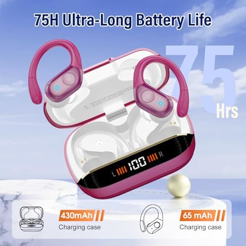 Advanced Bluetooth 5.4 Wireless Earbuds with Deep Bass – 75 Hours Playtime, IP7 Waterproof Sports Earphones Featuring Ergonomic Earhooks, LED Battery Display, and 4 ENC Microphones for Enhanced Sound Quality and Clear Calls – Perfect for Fitness Enthusiasts and Music Lovers in Sleek Black