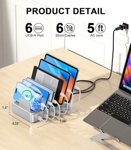 Ultimate 50 W Multi-Device Charging Station with 6 USB Ports & Cables – Space Gray Fast Charging Dock for i Phone, i Pad, Kindle, and More | Efficient Power Hub for Home, Office & Travel – Compact Design with Safety Features