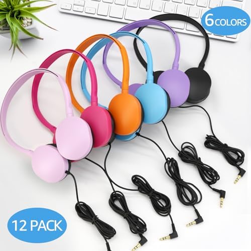 Vibrant 12-Pack Kids Classroom Headphones – Durable Multi-Color Wired Design with Adjustable Headband and 3.5 mm Jack for Optimal Comfort and Versatility – Perfect for Schools, Libraries, and Educational Settings – Lightweight and Resilient for Extended Use by Children and Teens