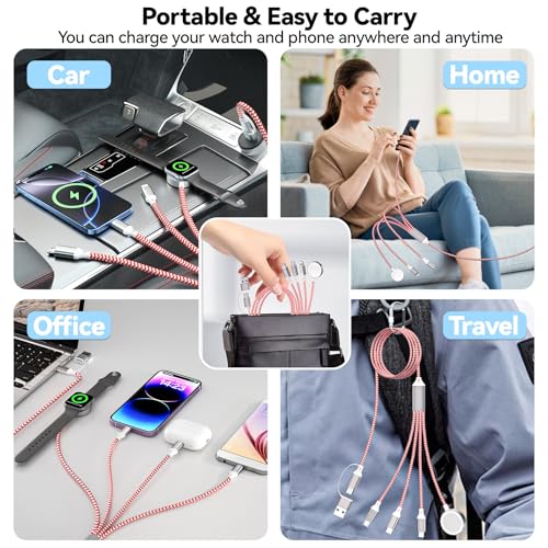 Ultimate 6 FT Multi-Device Charging Cable: Fast Nylon-Braided i Watch and Smartphone Charger Compatible with i Phone, i Pad, Galaxy, and More – Durable, Tangle-Free Solution for Ultra, SE, and All i Watch Models – Streamline Your Charging with Versatile 4-in-2 Connectivity