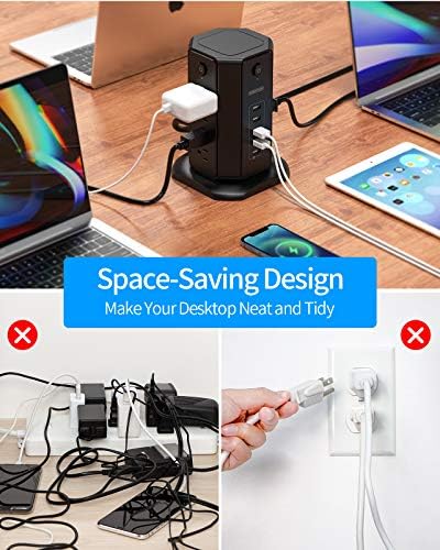 10 ft NTONPOWER Power Strip Tower with 8 Outlets & 5 USB Ports – Premium Surge Protector with Individual Switches, 1080 Joules Protection, 13 A Circuit Breaker – Ideal for Home Office & Entertainment Setup, Sleek Black Design for Ultimate Convenience