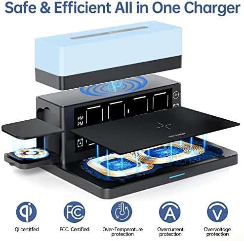 6-in-1 Wireless Charging Station with Digital Alarm Clock & Adjustable Night Light – 15 W Fast Charger Compatible with i Phone 14/13/12/11/XS, Samsung Galaxy, Air Pods & Apple Watch – Sleek Black Design for Ultimate Convenience and Organization