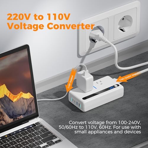 Universal 220 V to 110 V Travel Voltage Converter by TESSAN – High-Efficiency Step Down Transformer with 4 USB Ports (2 USB-C) & Dual AC Sockets for Global Compatibility in EU, UK, AU, IT – Fast Charging Solution for Seamless Worldwide Device Powering