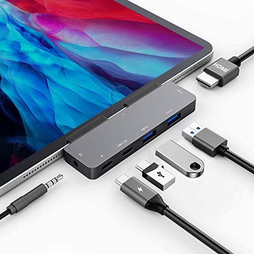 Elevate Your i Pad Pro Experience with Our Versatile 6-in-1 USB C Hub Adapter – Featuring 4 K HDMI, Dual USB 3.0 Ports, 3.5 mm Audio Jack, PD 60 W Charging, and SD/TF Card Slot – Perfect for M2, M1 i Pad Pro 11, 12.9 (2018-2022), i Pad Air, and Mini – Unleash Seamless Connectivity and Effortless Productivity