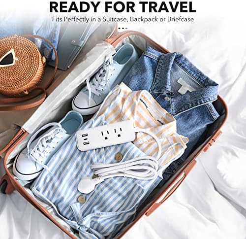 Elevate Your Charging Game with the Clear Power 2-Outlet Power Strip – 6 ft Flat Plug Power Station Featuring 3 USB Ports (1 USB-C) for Rapid Device Charging, Ideal for Home, Office & Travel, Durable & Compact Design, White, Model DC3 S-1102-DC