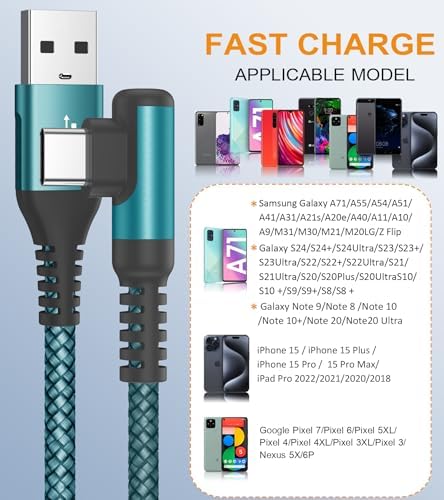 sweguard 10 FT Right Angle USB Type C Charger Cable – Durable Nylon Braided 2-Pack for i Phone 15/16 Pro Max & Samsung Galaxy Models – Enhanced Fast Charging & Tangle-Resistant Design for Ultimate Convenience and Performance