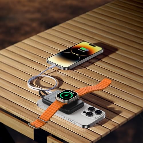 Ultimate Portable Power Bank for Apple Watch & i Phone – 5200 m Ah Magnetic Wireless Charger with Built-in Cable, Slim Travel Battery Pack for Apple Watch Series 9/Ultra2/8/7/6/SE/5 & i Phone Models 14/13/12/11/XR/8/7/6 s – Fast Charging for Active Lifestyles