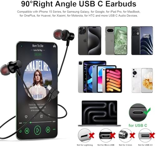 COOYA USB C Wired Earbuds: Advanced Noise-Canceling Earphones with Deep Magnetic Bass for Samsung Galaxy S25 Ultra & i Phone 16 Pro – Ergonomic In-Ear Fit with Right-Angle Connector for Unmatched Comfort and Universal Device Compatibility