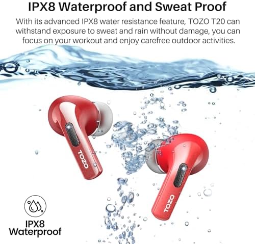TOZO T20 Wireless Earbuds – Ultimate 48.5 Hour Playtime, IPX8 Waterproof Design for All-Weather Use, Dual Microphone Noise Cancellation for Clear Calls, 10 mm Speakers Delivering Rich Audio, Advanced 2025 Bluetooth Connectivity with Real-Time LED Battery Display