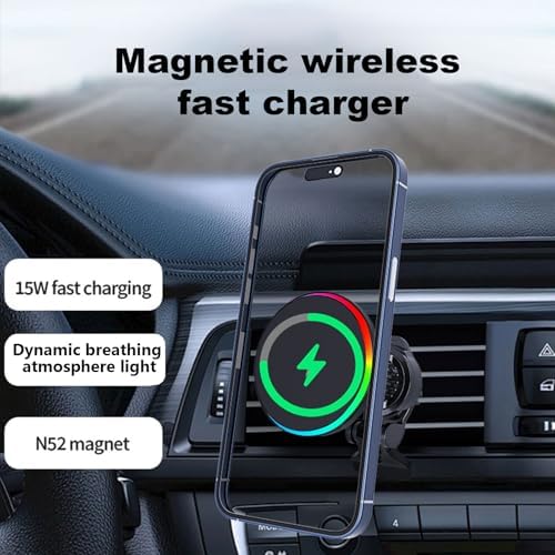 Mag Safe-Compatible 15 W Wireless Car Charger with RGB LED – Magnetic Air Vent Mount for i Phone 12/13/14/15/16 Series, Hands-Free Phone Holder for Enhanced Driving Convenience and Style