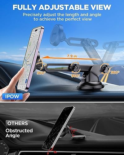 Ultimate IPOW Magnetic Car Phone Mount – Upgraded Alligator Clip Design for Unmatched Stability | Strong Magnet for i Phone 14, 13, 12 Pro Max & Samsung Galaxy | Universal Smartphone Compatibility | Effortless One-Handed Operation & Adjustable Vent Clip for Enhanced Viewing Experience