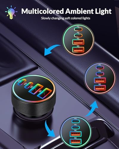 High-Power 4-Port USB C Car Charger – 90 W Fast Charging Adapter with Dual USB-C & USB-A Ports for i Phone 11-16, i Pad, Samsung, and Android Devices – Compact Cigarette Lighter Adapter with Enhanced Safety Features and Multi-Device Compatibility for Road Trips and Daily Commutes