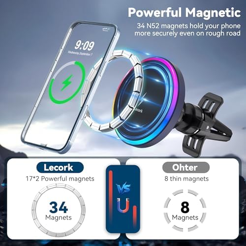 Mag Safe Car Mount Charger with 15 W Fast Wireless Charging – Magnetic Air Vent Holder for i Phone 12-16 Pro Max & Samsung S25 Series – Stylish RGB LED Design for Enhanced Compatibility and Efficient Power Delivery