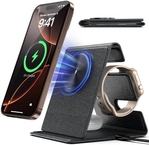 Ultimate 3-in-1 Wireless Charging Station for Apple Devices – Foldable Mag Safe Charger Stand for i Phone 16 Pro Max/15/14, Compatible with Apple Watch & Air Pods – Travel-Friendly Fast Charging Solution with Enhanced Compatibility and Modern Design