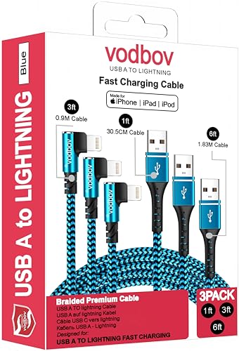 Ultimate 3-Pack Lightning Charging Cables: Fast USB-A to Lightning Data Transfer, Durable Braided Blue Design – 6 ft, 3 ft, 1 ft Lengths with Right Angle Connector for Enhanced Accessibility and Speed – Apple Certified i Phone Charger Solution