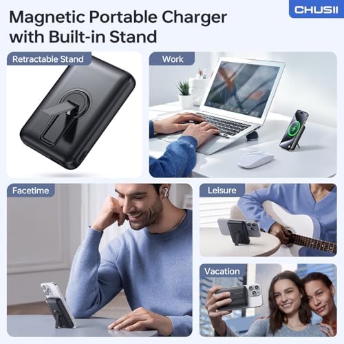 Magnetic Wireless Power Bank for i Phone 15/14/13/12 Pro/Pro Max – 12000 m Ah Fast Charging Portable Charger with Stand & USB-C – Sleek Black Design for Enhanced Convenience and Style
