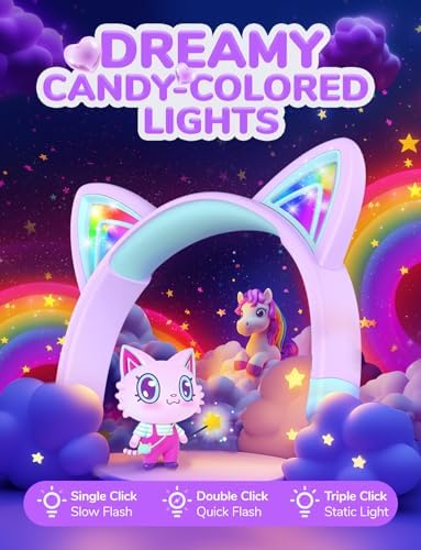 i Clever Kids Bluetooth Headphones with Illuminated Cat Ears – 60-Hour Battery Life, Rapid USB-C Charging, Adjustable Safe Volume Control (74/85 d B) for Toddlers – Ideal for i Pads, Tablets, and Travel in Fun Meow Cookies-Purple – Stylish, Safe, and Resilient for Young Audiophiles