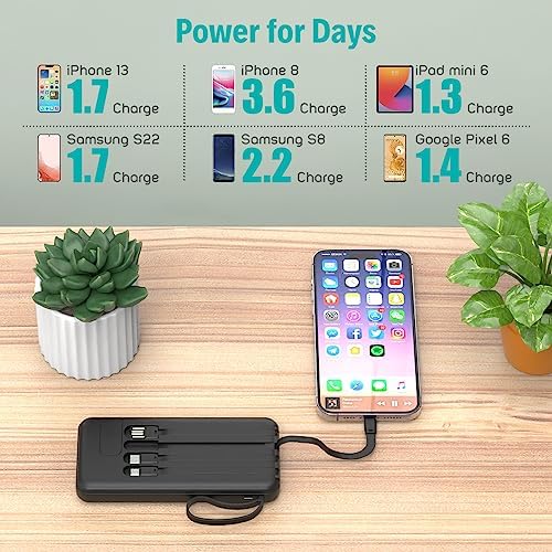 Slim 10,000 m Ah Portable Charger with Built-in Cables – High-Speed USB-C Power Bank for Travel | 5 Outputs & 3 Inputs, LED Display, Compatible with i Phone, Samsung, Pixel, LG & More – Essential Power Solution for On-the-Go Charging