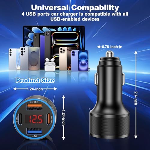 High-Power 65 W USB C Car Charger with 4 Fast Charging Ports, PD30 W Capability, Digital Voltage Display & 2 USB Cables – Ultimate Compatibility for i Phone 16/15/14/13, Samsung Galaxy S25/S24/S23, i Pads & More – Efficient On-the-Go Charging Solution