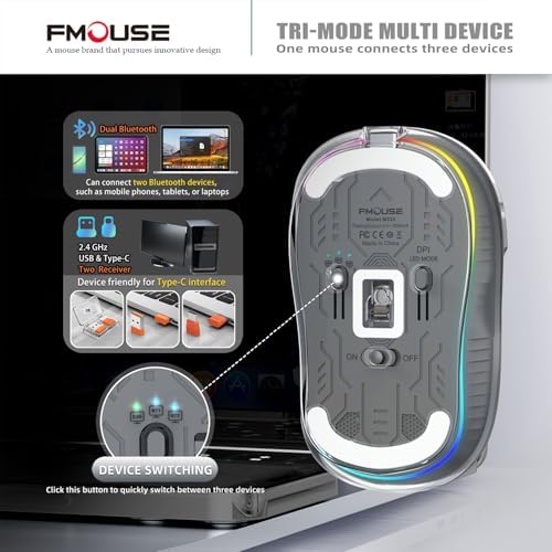 Sleek Dual Connectivity Transparent Wireless Mouse – Rechargeable RGB with USB-C Receiver for Mac Book & Laptops, Compact Design with Cool LED Lights, Silent Operation, and Magnetic Cover for Enhanced Portability – Orange