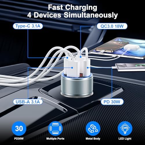Ultimate 65 W 4-Port USB C Car Charger – Besgoods Fast Charging Adapter with Voltmeter for i Phone 16, Galaxy S24 & More – Dual Pack for Seamless Multi-Device Power, Perfect for Road Trips and Daily Commutes – Enhanced Compatibility & Rapid PD QC Charging Solutions