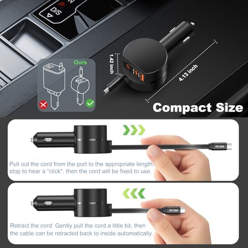 OKRAY 78 W Retractable USB C Car Charger with Coiled Cable – Fast PD30 W Charging for Samsung Galaxy S25, S24, A16 & i Phone 16, 15 Pro Max – Multi-Port 12 V Cigarette Lighter Adapter for Seamless Travel Power Solutions