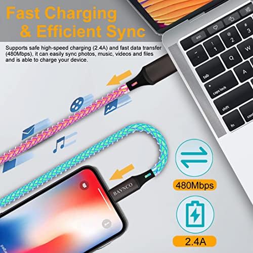 RGB LED i Phone Charger Cable – 3 ft MFi Certified Lightning Cable for Fast Charging with Colorful Gradual Light Up Feature – Compatible with i Phone 14, 13, 12, 11 Pro Max, XR, XS, X, 8, 7, 6 Plus & i Pad – Stylish, Durable, and Enhanced Charging Experience