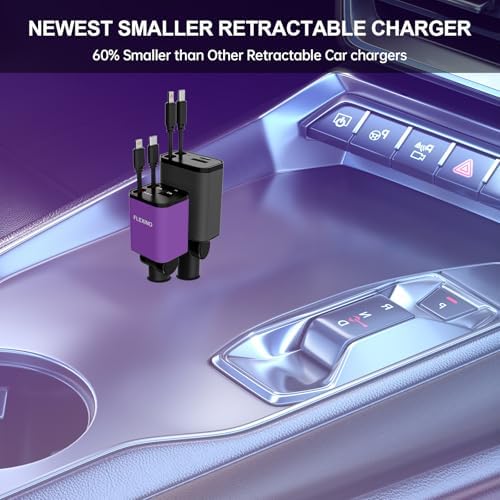Premium Flexino Compact Retractable Car Charger for i Phone 16 – 69 W Fast Charging with Dual 2.6 ft USB C Cords | Efficient Power Adapter Compatible with i Phone 16/15/14/13/12 Series & Galaxy Devices | Sleek Grey Design for Ultimate Portability and Reduced Cable Clutter