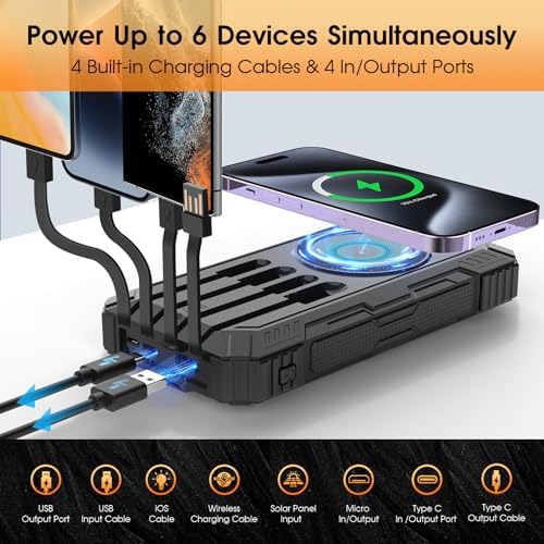 Ultimate 49,800 m Ah Solar Power Bank: Wireless Portable Charger with 4 Integrated Cables, 22.5 W Fast Charging Battery Pack for All Smartphones – Eco-Friendly Outdoor Essential with PD & QC3.0 Technology