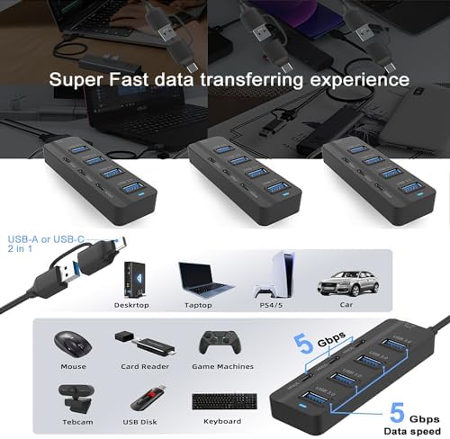 Maximize Your Connectivity with the 7-Port USB 3.0 Hub – High-Speed Multiport Adapter for Thunderbolt 3/4 | Long USB-C Cable for Effortless Access | Ideal for Mac Book, i Mac & Surface Pro | Compact, Travel-Friendly Design for Home & Office Use
