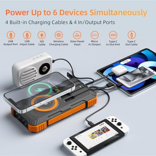 Ultimate 49800 m Ah Solar Power Bank – Wireless Fast Charger with 22.5 W QC3.0, Multi-Device Capability, Built-In Cables & Emergency LED Flashlight – Ideal Outdoor Companion for Smartphones and Tablets, Durable & Waterproof Design for Adventurers