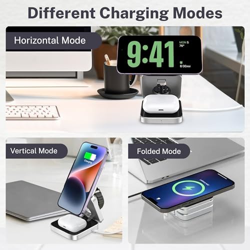 Portable 3-in-1 Wireless Magnetic Charging Station – Fast Charge Dock for Phones, Smartwatches, and Earbuds – Foldable Travel-Friendly Design with Anti-Slip Base and Extra Magnetic Ring – Elegant Black & Silver Finish for Modern Aesthetics