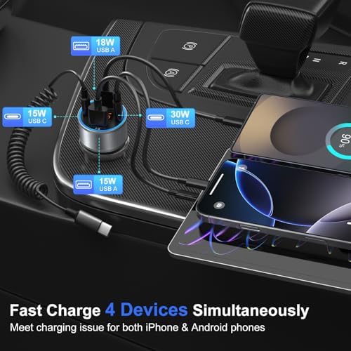 65 W 4-Port USB C Car Charger – Dual USB-A & USB-C Cigarette Lighter Adapter with Built-in Voltmeter for Safe Fast Charging – Ideal for i Phone 16/15/14/13/12/11 Pro Max and Android Devices – Travel Essential Accessory for High-Speed Power Supply
