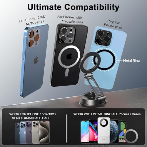 Crea Dream Premium Magnetic Car Phone Holder – Ultra-Stable Suction Cup Mount for i Phone 16, 15, 14, 13, 12 Series & Mag Safe Cases – Effortless 360-Degree Rotation for Safe Hands-Free Driving – Dashboard, Windshield & Vent Compatible – Stylish & Functional Automotive Accessory