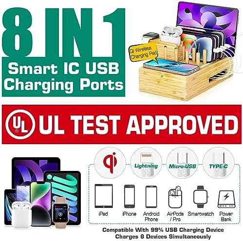 Eco-Friendly Bamboo Wireless Charging Station – Versatile Docking Organizer with 7 USB Ports for Fast Qi-Certified Charging of Smartphones, Smartwatches, Earbuds, and Tablets – Sleek Design for Enhanced Productivity and Clutter Reduction