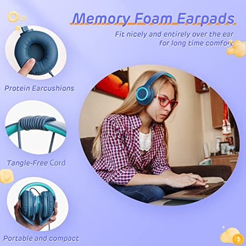 Comfort-First Volume-Limited Kids Headphones – Foldable Wired Earphones in Blue for Safe School & Travel Listening – Adjustable Fit for Young Ears