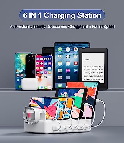 Ultimate 6-in-1 Multi-Device Charging Station – 50 W Fast Charging Dock with Universal Compatibility for i Phone, i Pad, Smartphones & Tablets – Sleek Organizer with Mixed Cables for Efficient Power Delivery and Clutter-Free Workspace
